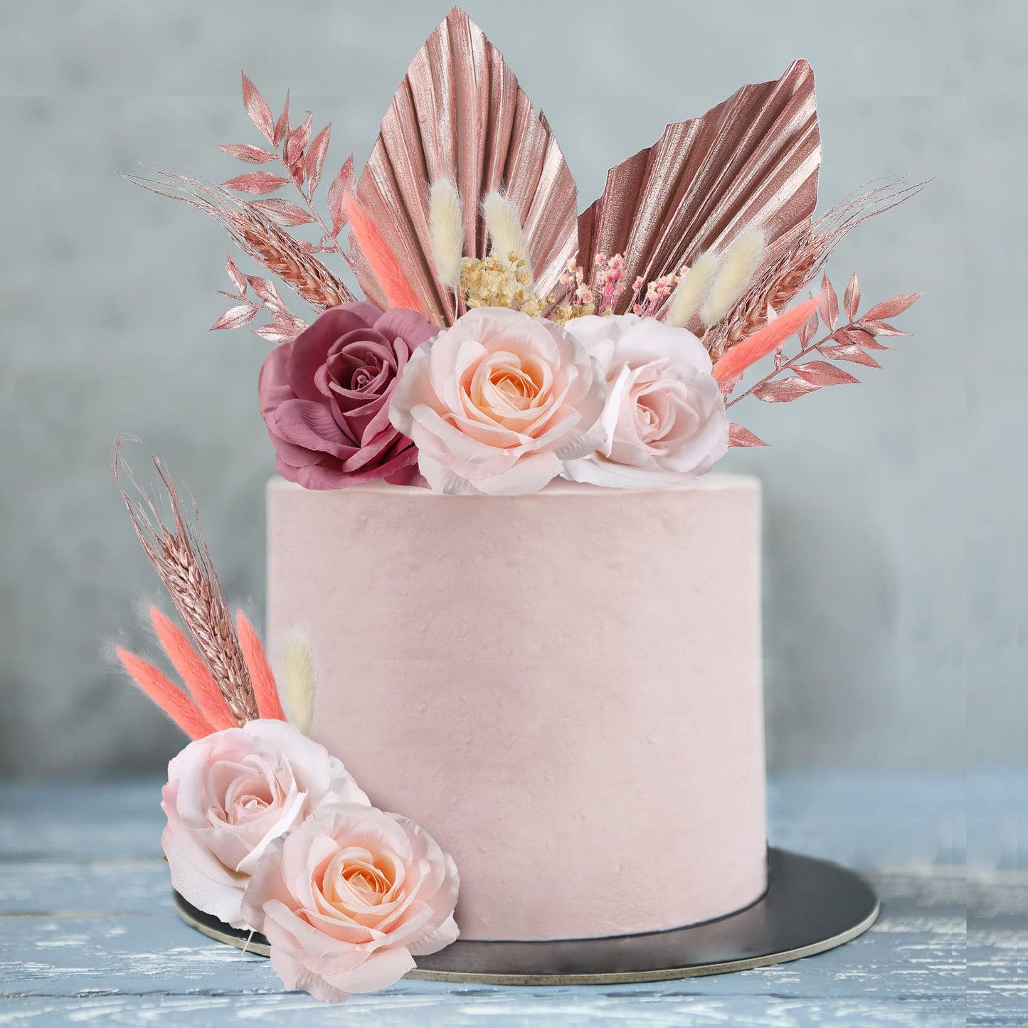 Tallew 28 Pcs Boho Cake Topper Decorations Faux Rose Flowers Leaves for Wedding Baby Shower Birthday Party, Rose Gold