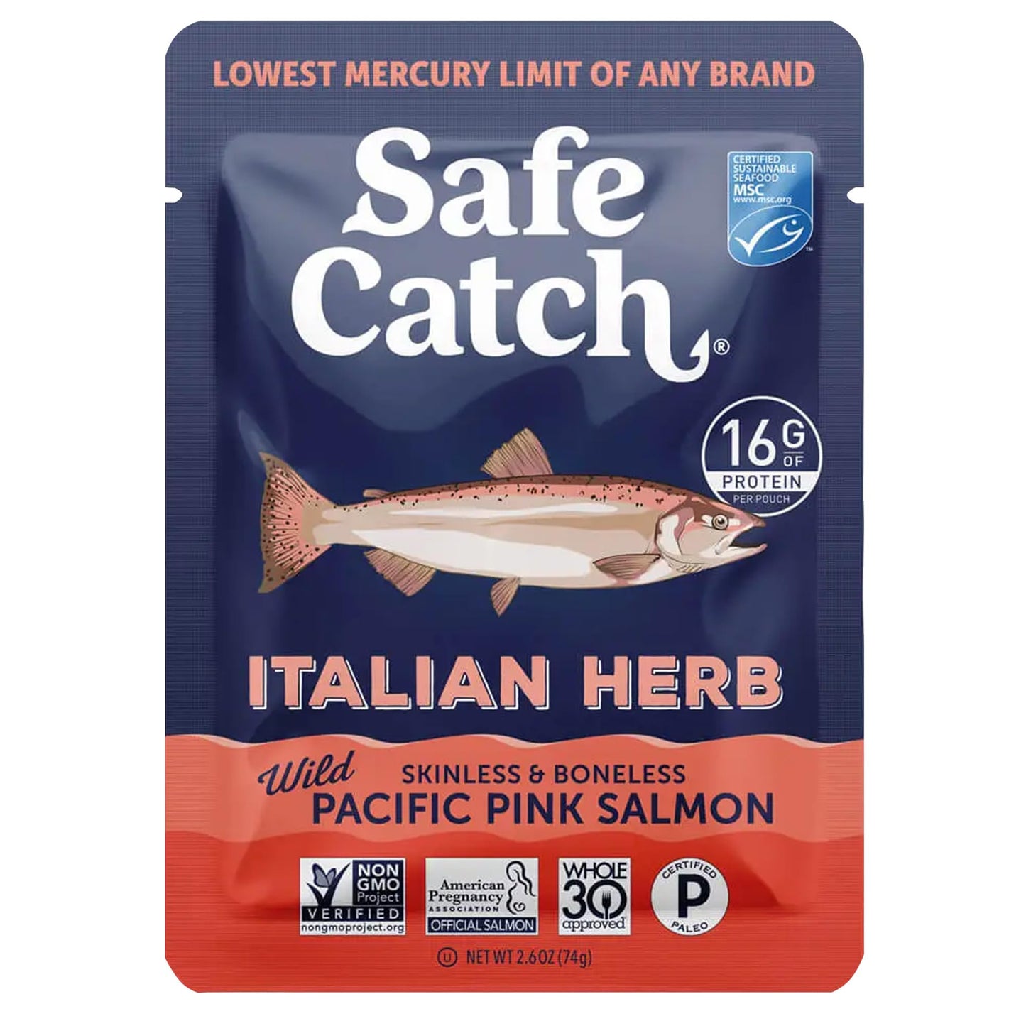 Safe Catch Skinless And Boneless Wild Pacific Pink Salmon Pouch, Italian Herb Seasoned, Mercury Tested, Kosher, 2.6Oz Pouches, P