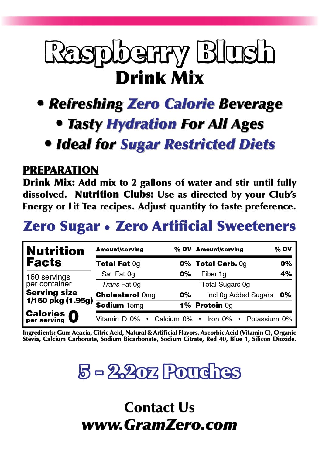 Gramzero Raspberry Blush Sugar Free Drink Mix Sports Pack, Great For Nutrition Club Loaded Teas, Zero Calorie, Stevia Sweetened