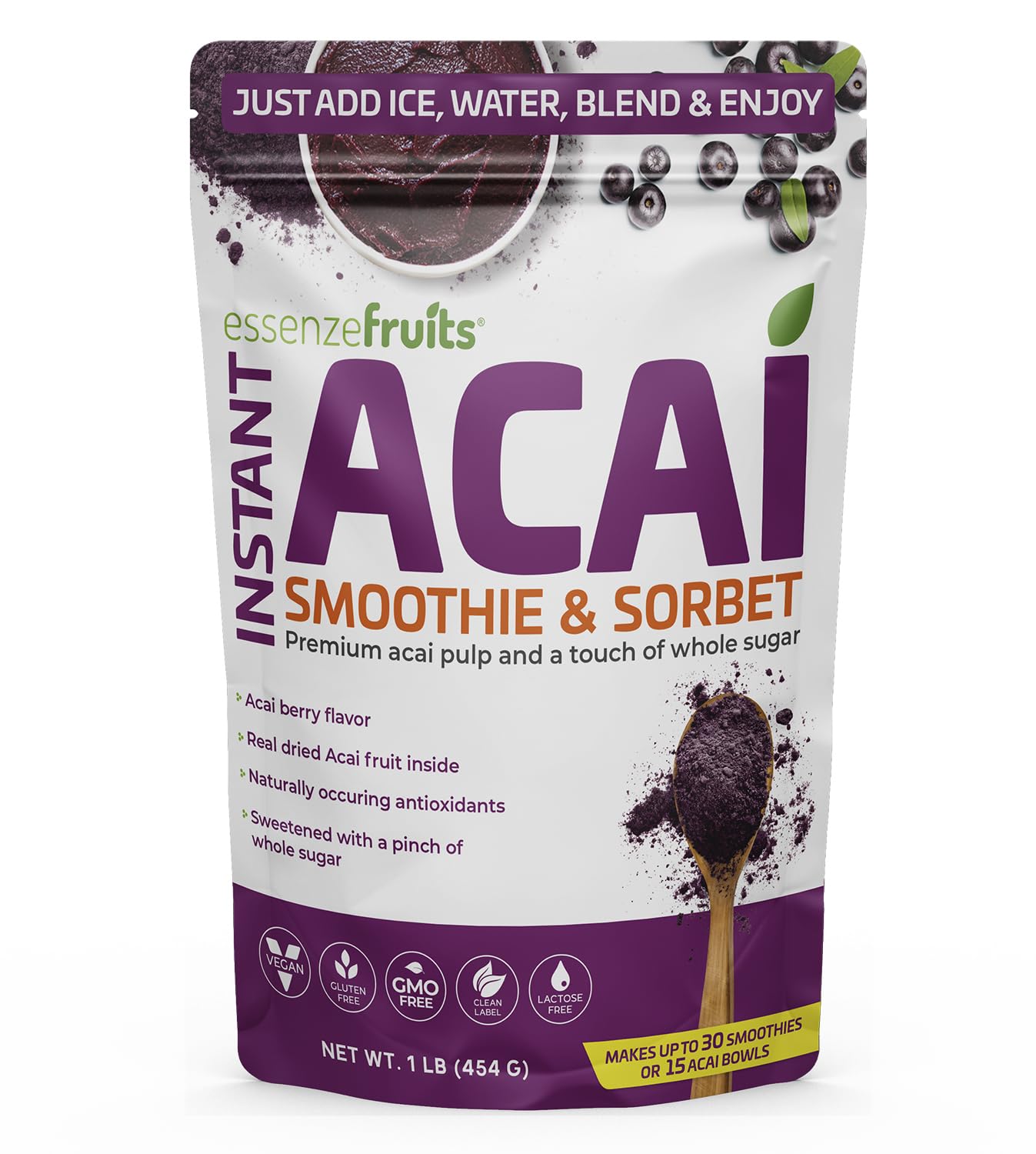 Essenzefruits Instant Acai Powder With Whole Sugar - Designed To Blend With Bananas For Smoothies & Acai Bowls Freeze Dried Brazilian Superberry Non Gmo Vegan Gluten Free Superfood (1Lb/454G)