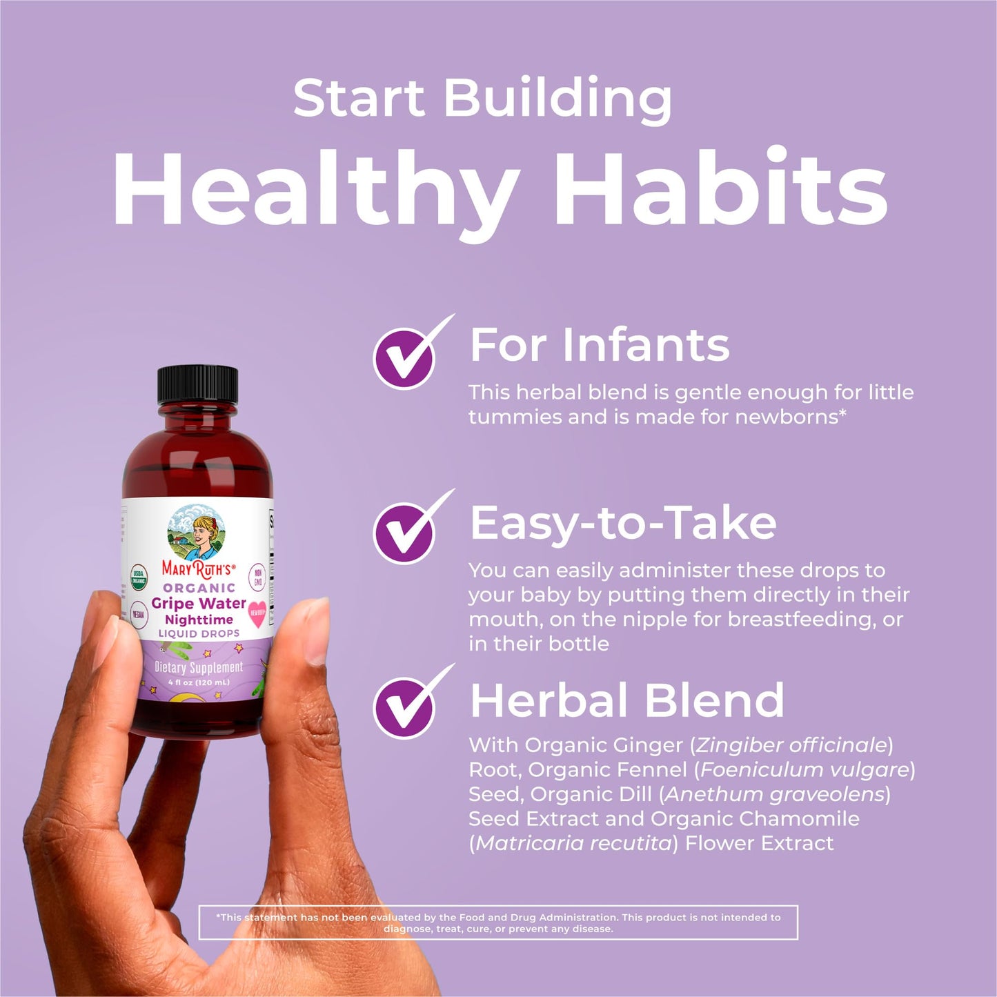 MaryRuth Organics Nighttime Gripe Water for Babies, Herbal Blend, 4 Fl Oz, Vegan, Ages 0+, Ginger Root, Lemon Balm, Fennel Seed
