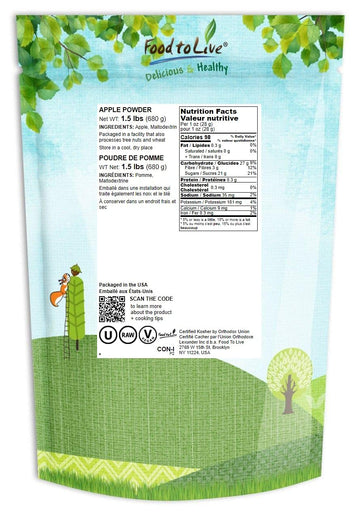 Food To Live Apple Powder, 1.5 Pounds - Unsulfured, Made From Raw Dried Fruit, Vegan, Bulk, Great For Juices, Smoothies, Yogurts