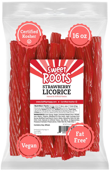 Sweet Roots Strawberry Licorice Twists (16 Oz / 1 Bag) - Jumbo Size - Certified Kosher - Vegan - Fat Free