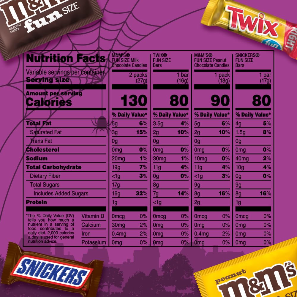 M&MS Fun Size Milk Chocolate M&MS Fun Size Peanut SNICKERS Fun Size & TWIX Fun Size Caramel Cookie Milk Chocolate Individually Wrapped Trick or Treat Halloween Candy 35 Ct 19.37 Oz Bulk Bag