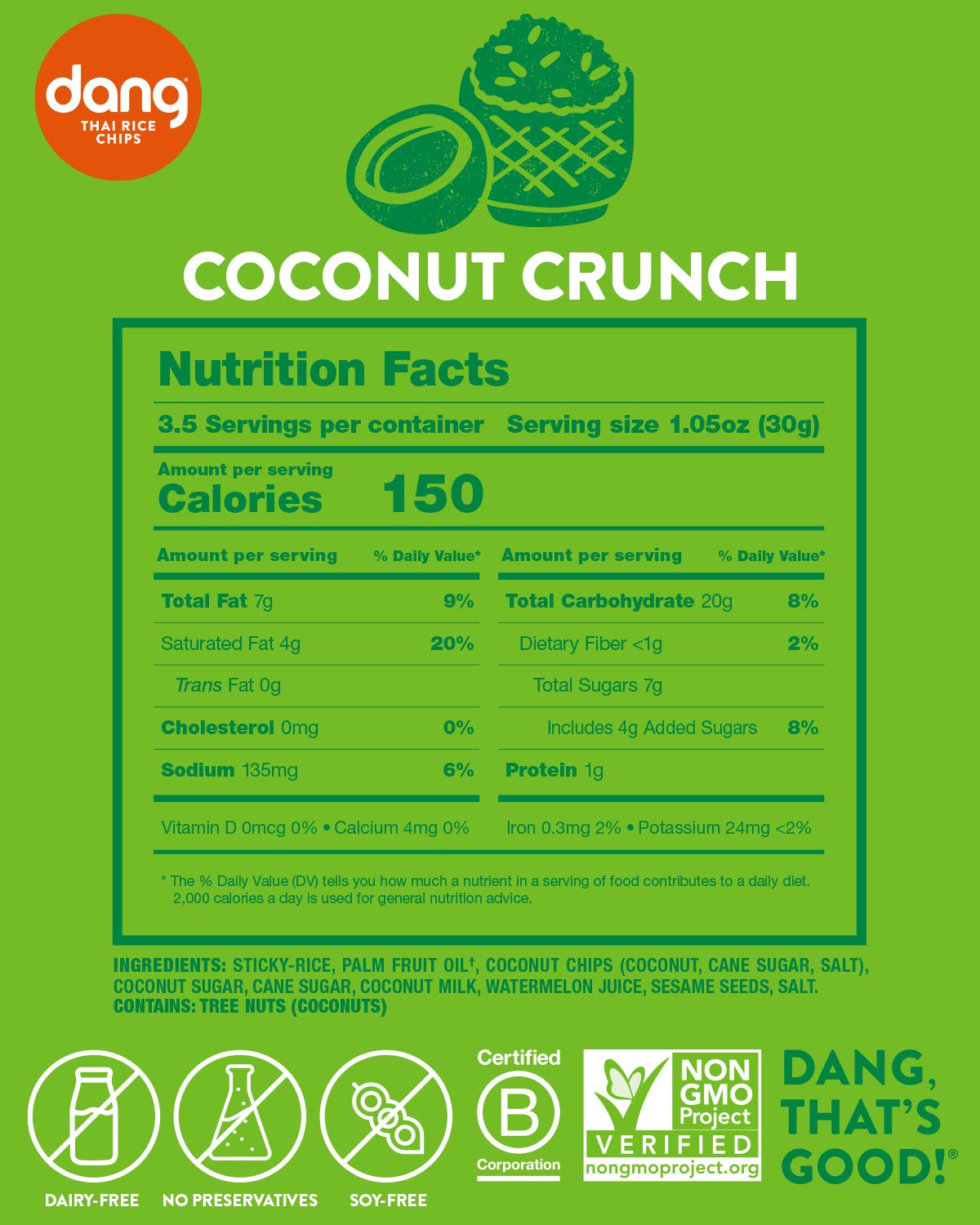 DANG Thai Rice Chips - Coconut Crunch, Vegan & Gluten Free, 4 Pack, 3.5 Oz Bags, Healthy Snacks