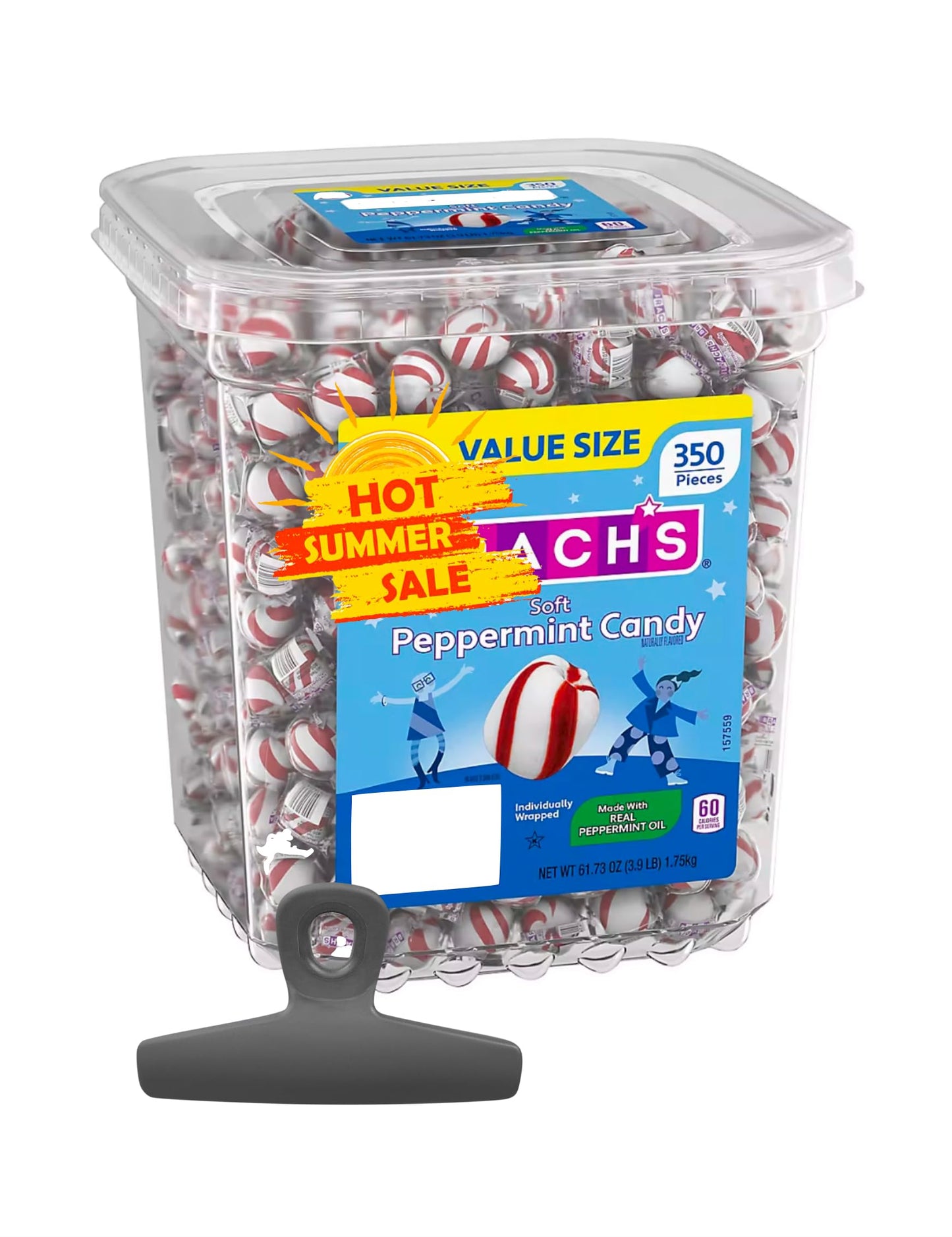 Peppermint Puffs Candy, Red and White Stripes, Individually Wrapped 24 oz - 350 Count, Plus Bag Clip