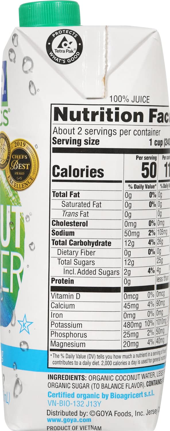 Goya Organic 100% Pure Coconut Water, 16.9 Fl Oz, Pack of 2