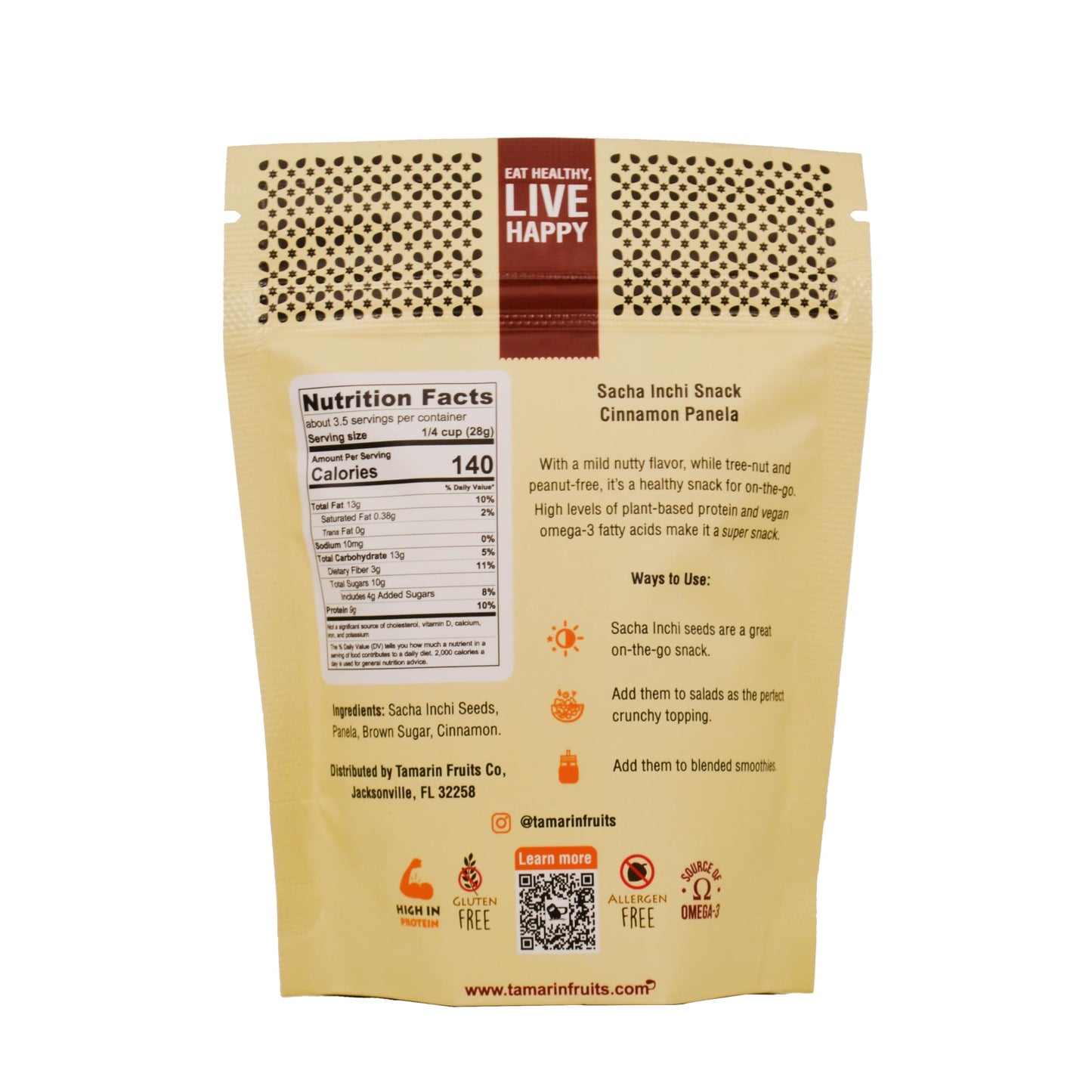 Tamarin Fruits Sacha Inchi Seed Snack, Cinnamon Panela | Organic | Premium Quality | Vegan Friendly, 100G