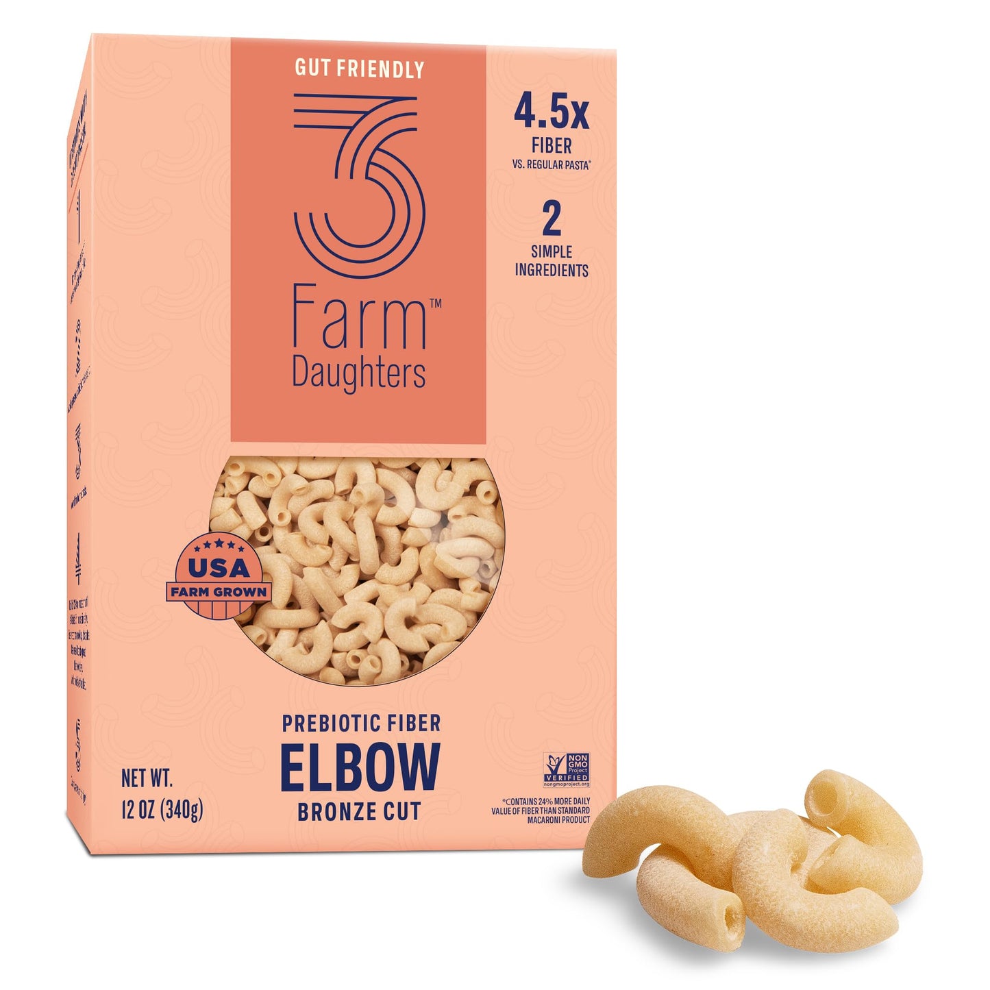 Three Farm Daughters High Fiber Elbow Macaroni Pasta Pack Low GI Non GMO Elbow Pasta Noodles Low Net Carb Made in the USA 12 oz. (1 Pack)