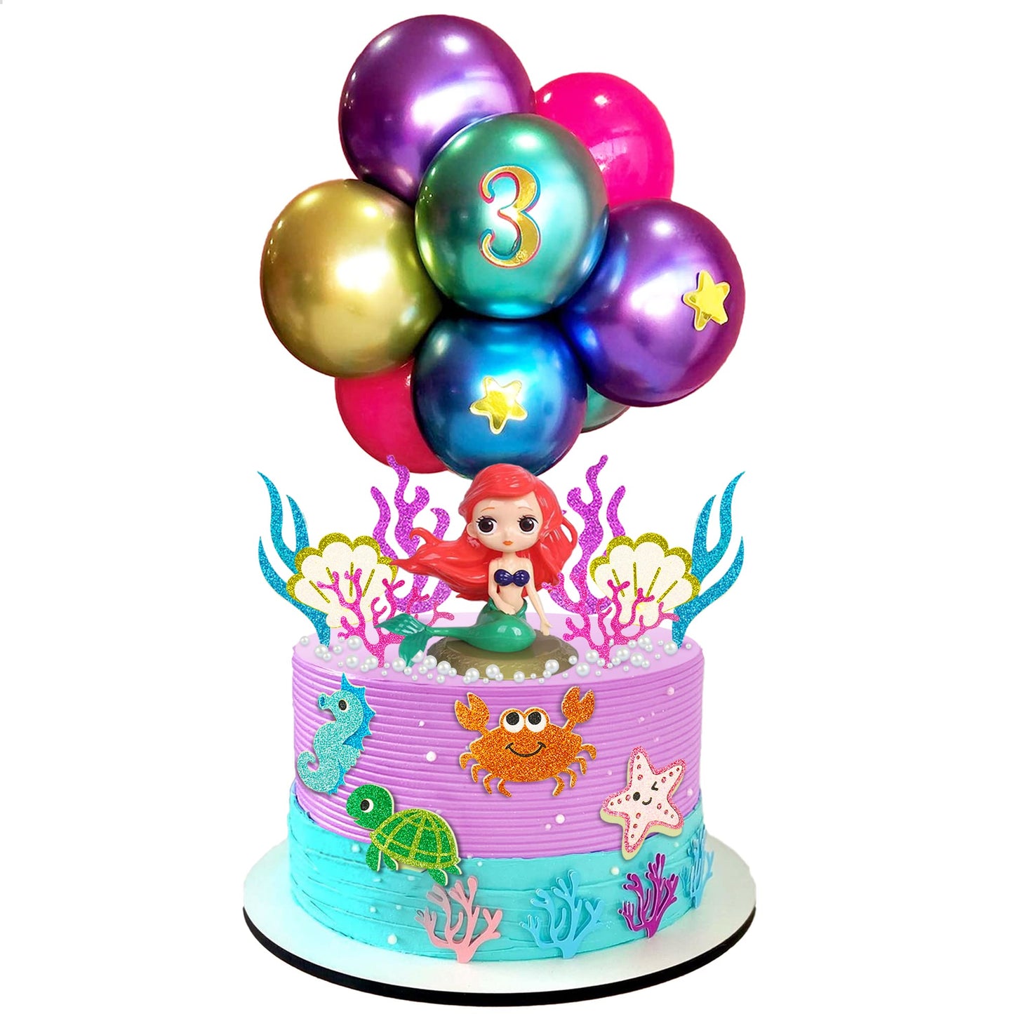 DRWATE Mermaid Cake Topper Set - 24PCS Under the Sea Decorations, Plastic, Purple Blue Balloons, Sea Animals for Parties and Showers