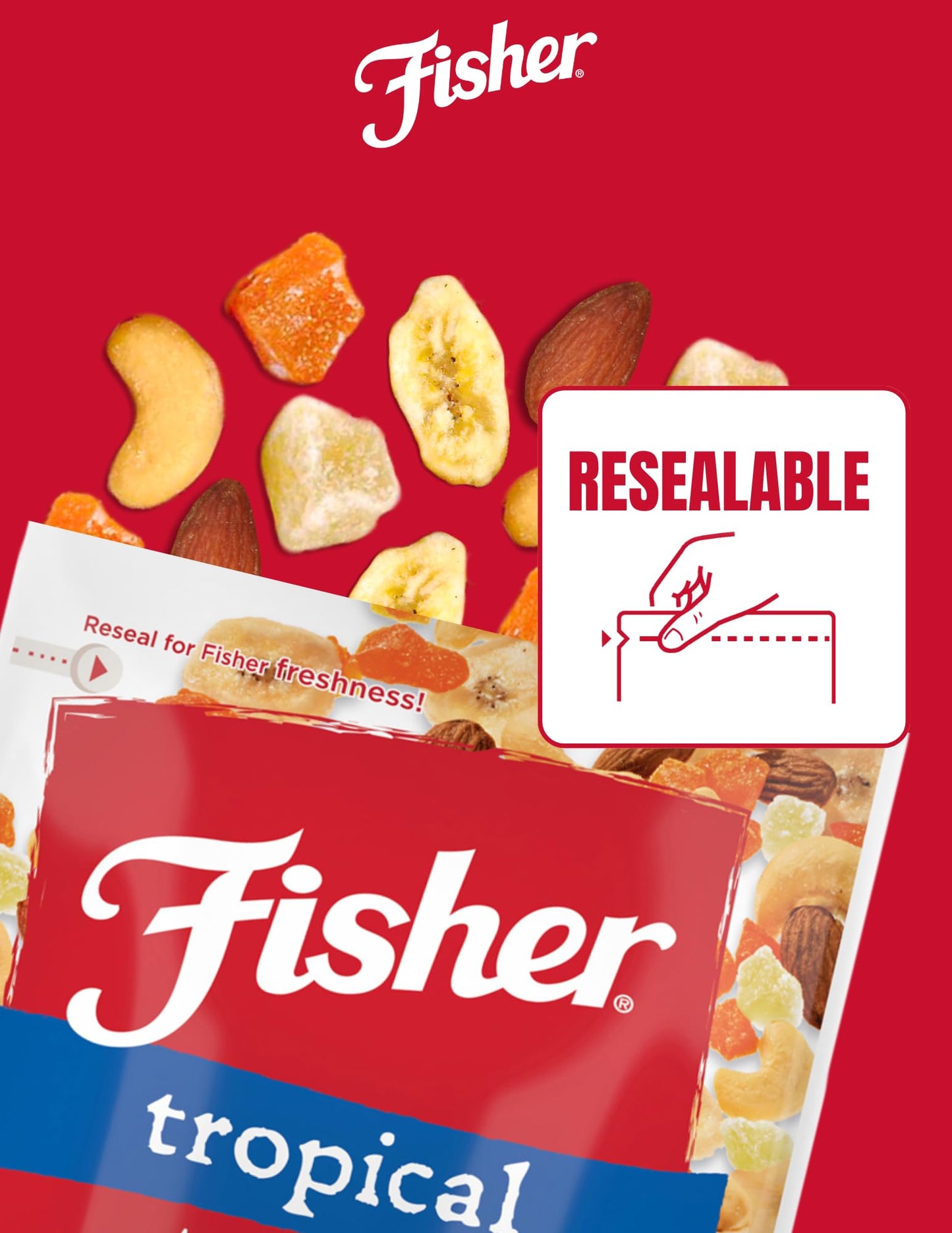 Fisher Snack Tropical Trail Mix, 3.5 Ounces (Pack Of 6), Banana Chips, Almonds, Cashews, Dried Sweetened Pineapple And Mango, Re