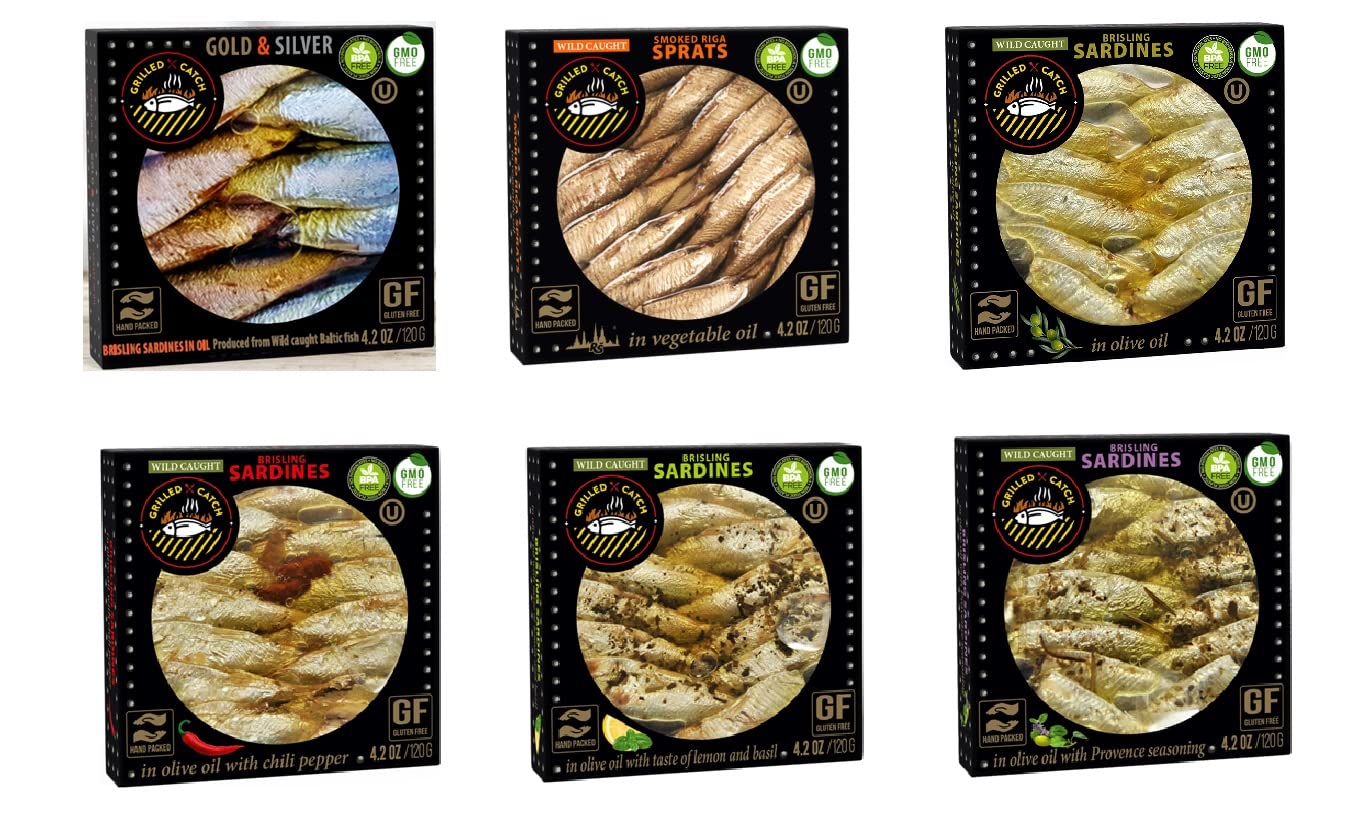 Grilled Catch Wild Caught Brisling Sardines In Olive Oil 4.2 Oz/120G, Pack Of 5, Product Of Latvia (Lemon And Basil)