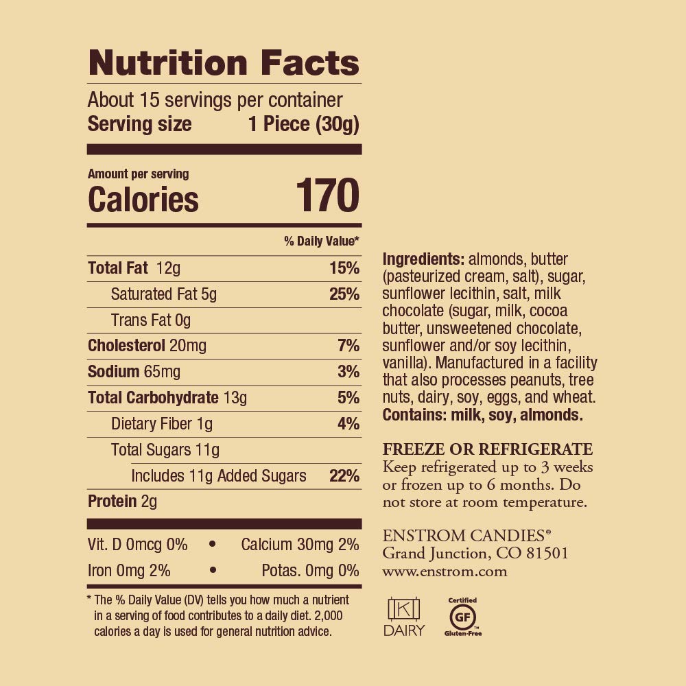 Enstrom Milk Chocolate Almond Toffee 1Lb Box | Handcrafted | Gluten Free | Kosher Dairy | All Natural