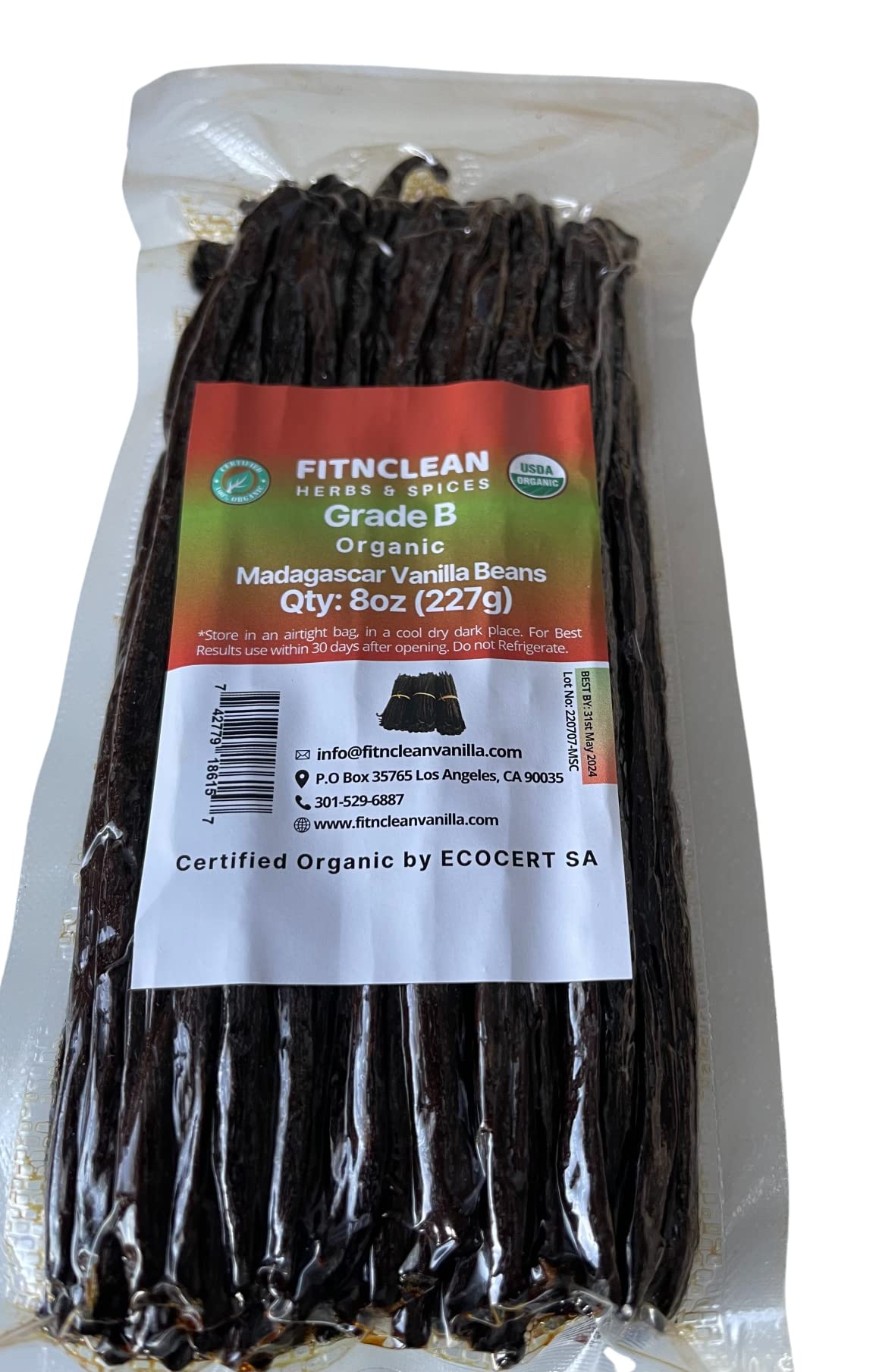 8Oz Organic Madagascar Vanilla Beans Grade B For Extract. Certified Usda Organic. 5-7 By Fitnclean Vanilla For Paste And Baking (1/2 Lb) Whole Non-Gmo Pods