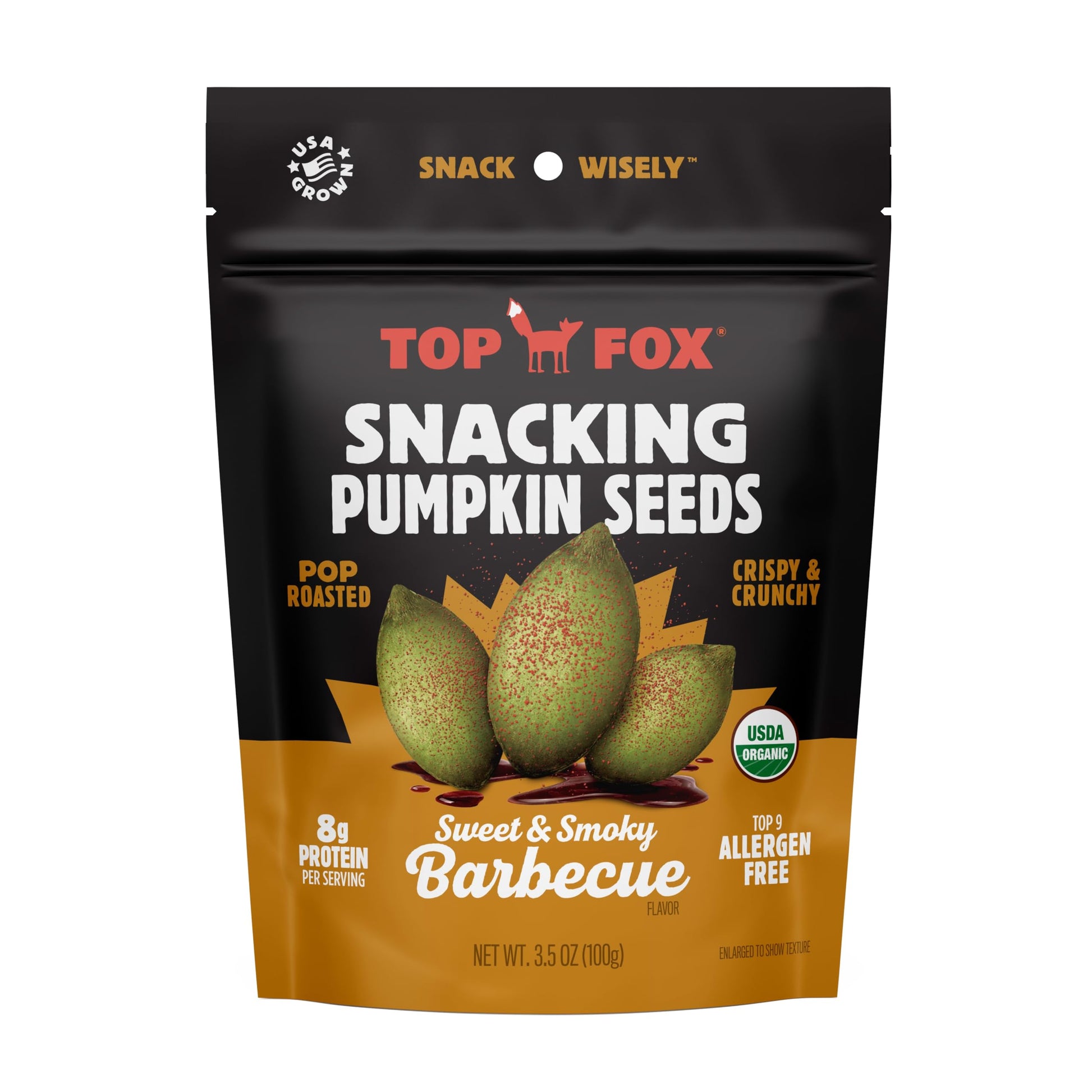 Top Fox Snacks - Organic Pop-Roasted Pumpkin Seeds I Healthy Protein Snacks- Gluten Free- Keto And Vegan Friendly (Bbq, 3.5Oz - 2 Pack)