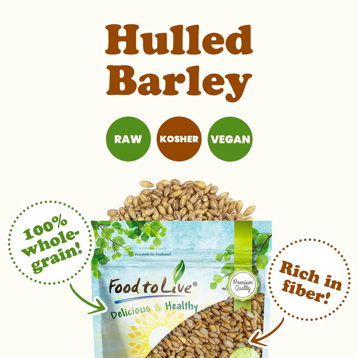 Food to Live Hulled Barley Grain, 100% Whole Grain, Vegan, 5 Pounds