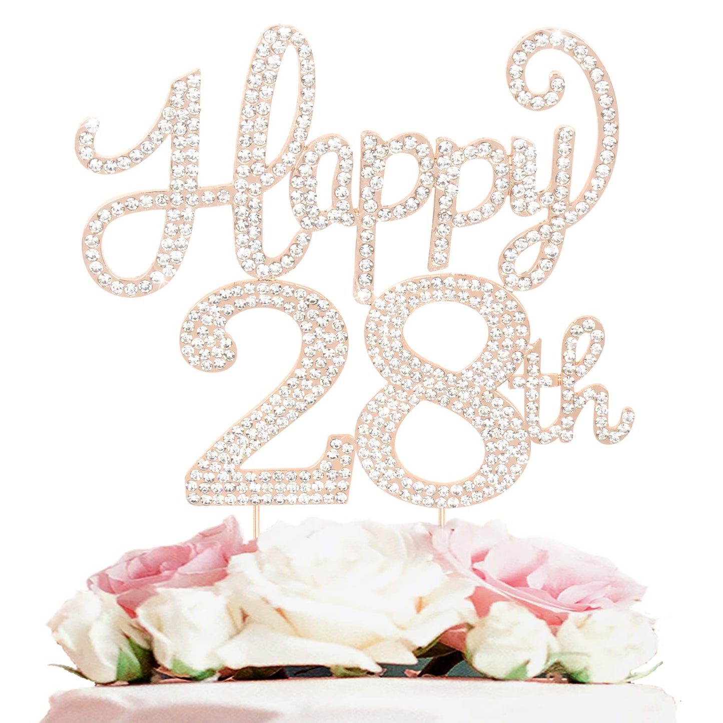 Happy 28Th Birthday Decorations,28Th Birthday Gold Rhinestone Cake Topper - Cheers To 28 Years Old Bday Party Metal Sparkly Cake