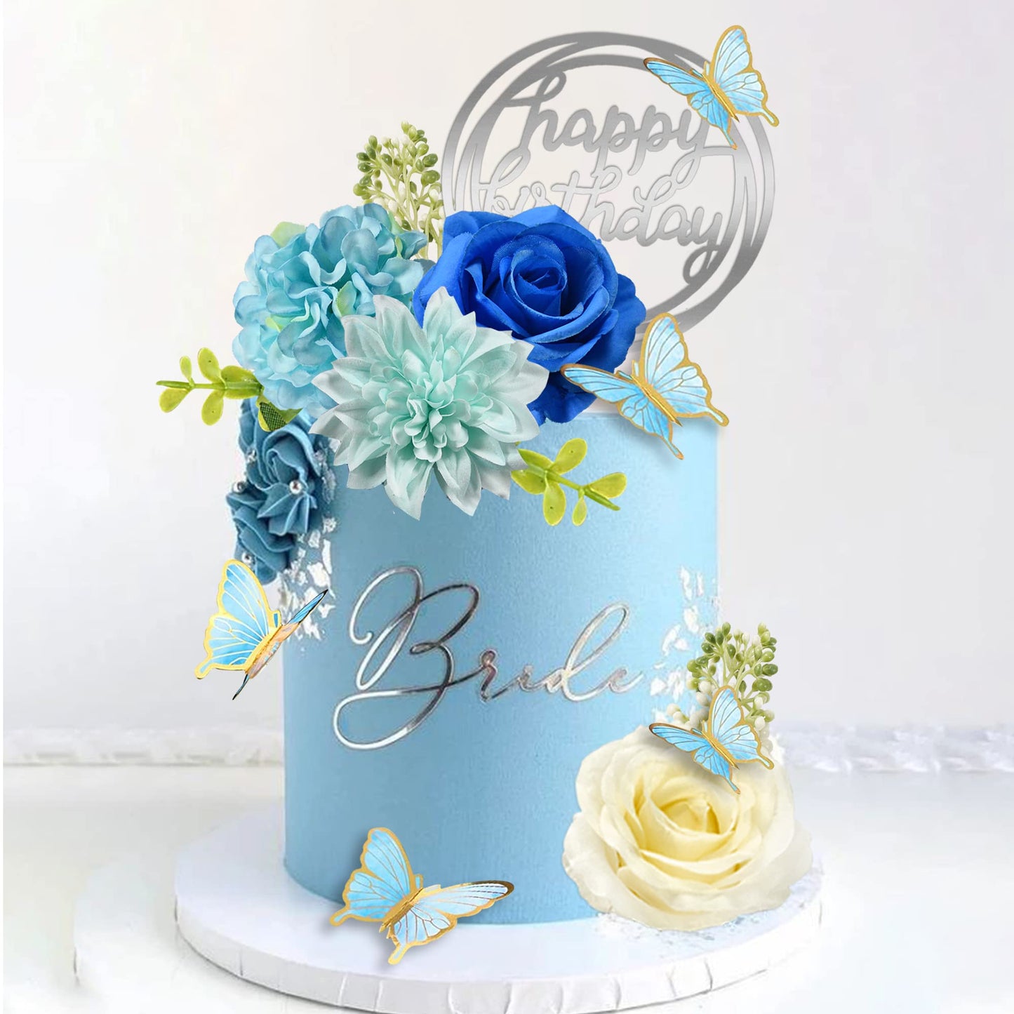 BANBALLON 19 PCS Flower Cake Toppers Set - Blue Artificial Roses & Eucalyptus Butterflies for Birthday, Wedding, Baby Shower Decorations
