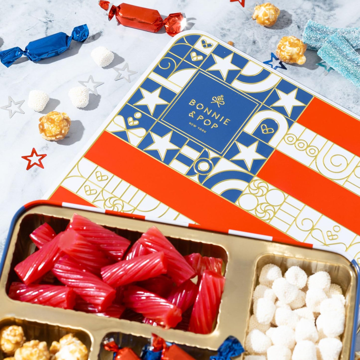 BONNIE AND POP Gift Basket - Patriotic Candy Sampler with Soft Licorice, Gummy Stars, Champagne Bubbles, 24 Ounce