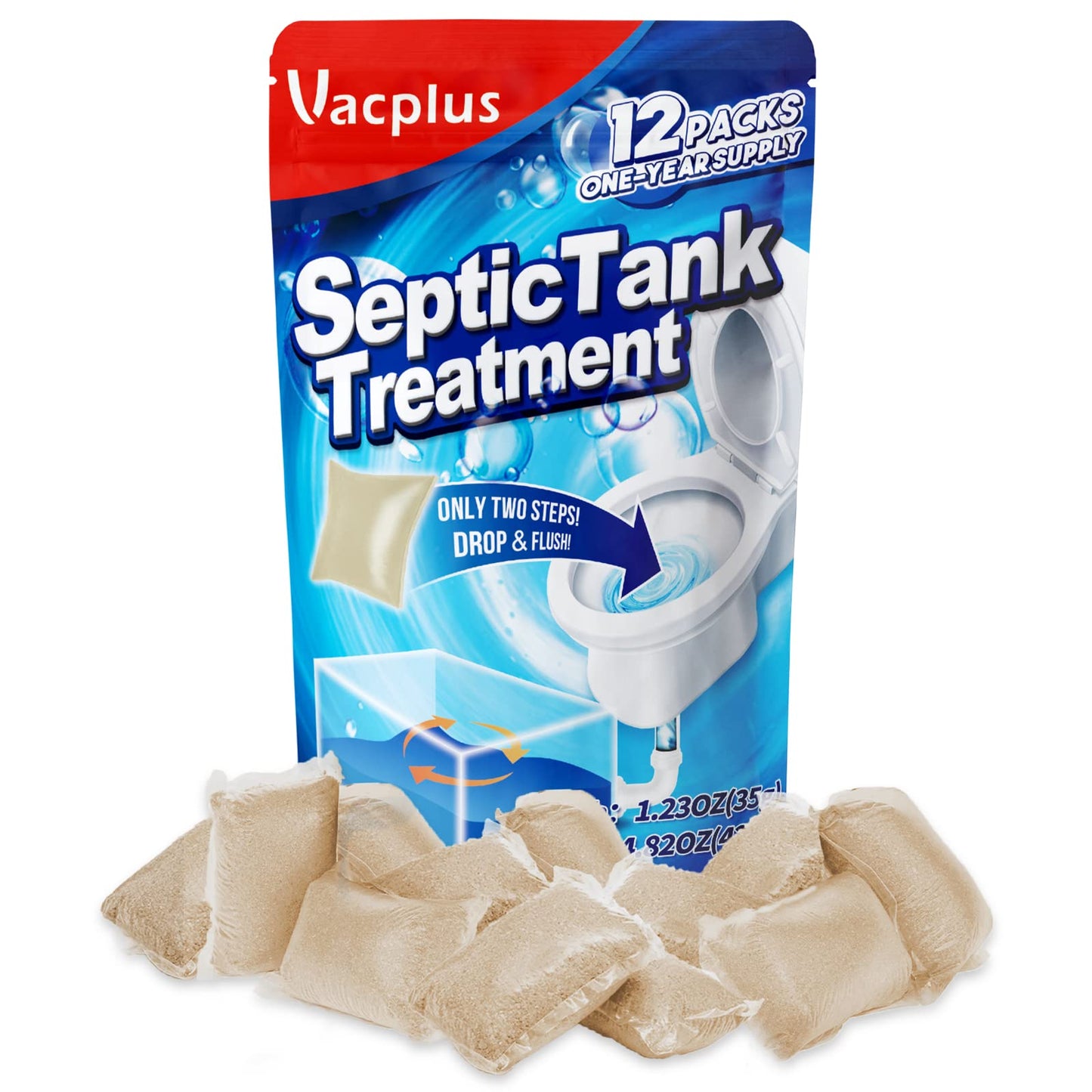 Vacplus Septic Tank Treatment - 12 Packs For 1-Year Supply, Flushable & Dissolvable Septic Tank Treatment Packets With Easy Operation, Biodegradable Septic Tank Treatment Enzymes For Wastes & Odors