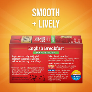 Twinings Decaffeinated English Breakfast Tea Bags, Flavourful & Robust, 20 Count (Pack of 6), Model 05307