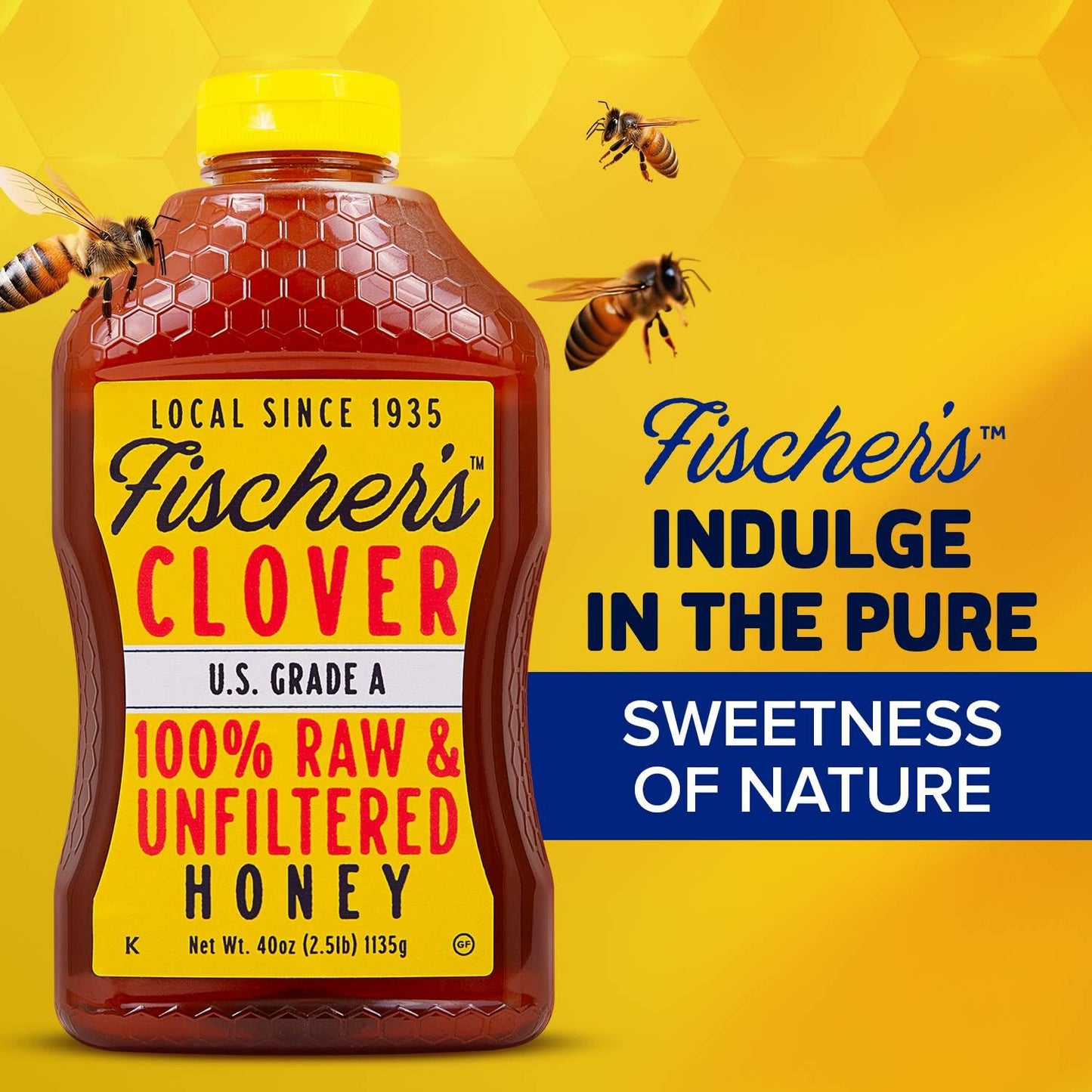 Fischers 100% Pure Clover Honey, Unfiltered Raw Honey, 40 oz Squeeze Bottle, All-Natural Sweetener