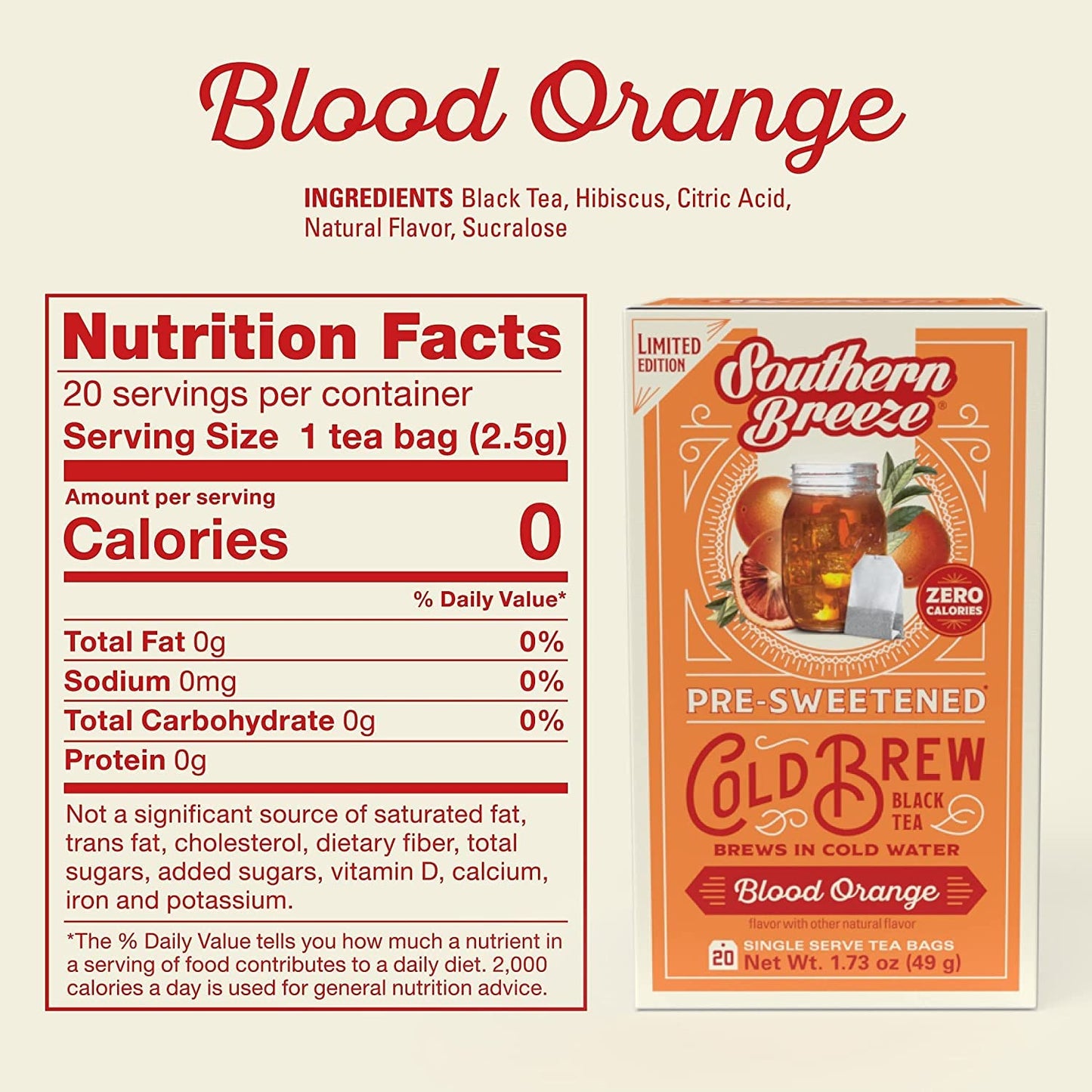 Southern Breeze Cold Brew Sweet Tea Blood Orange Iced Tea With Black Tea And Zero Carbs Zero Sugar, 20 Individually Wrapped Tea