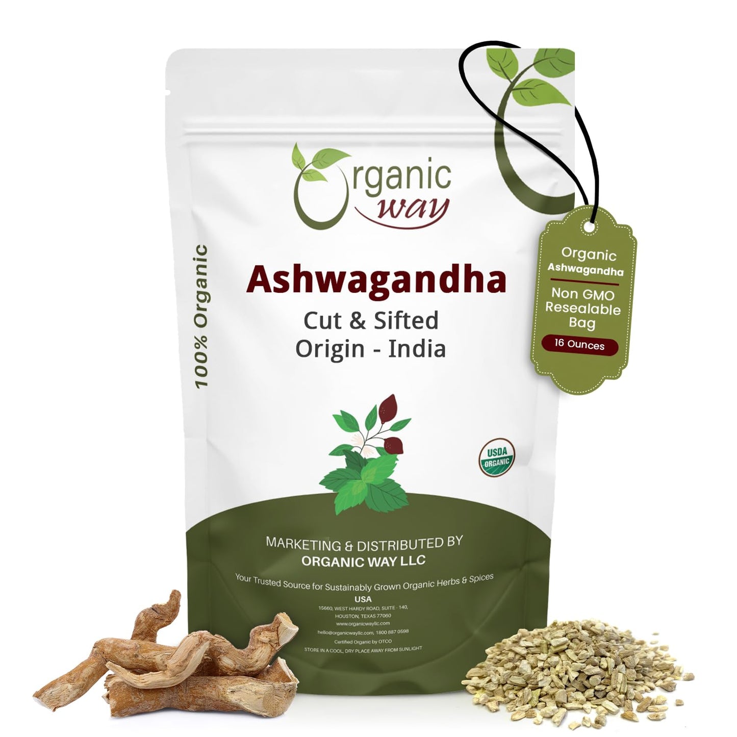 Organic Way Ashwagandha Root Cut & Sifted (Withania Somnifera) - Organic & Kosher Certified | Vegan Non Gmo & Gluten Free | Usda Certified | Oriflavor Blend - India (1Lbs / 16Oz.)