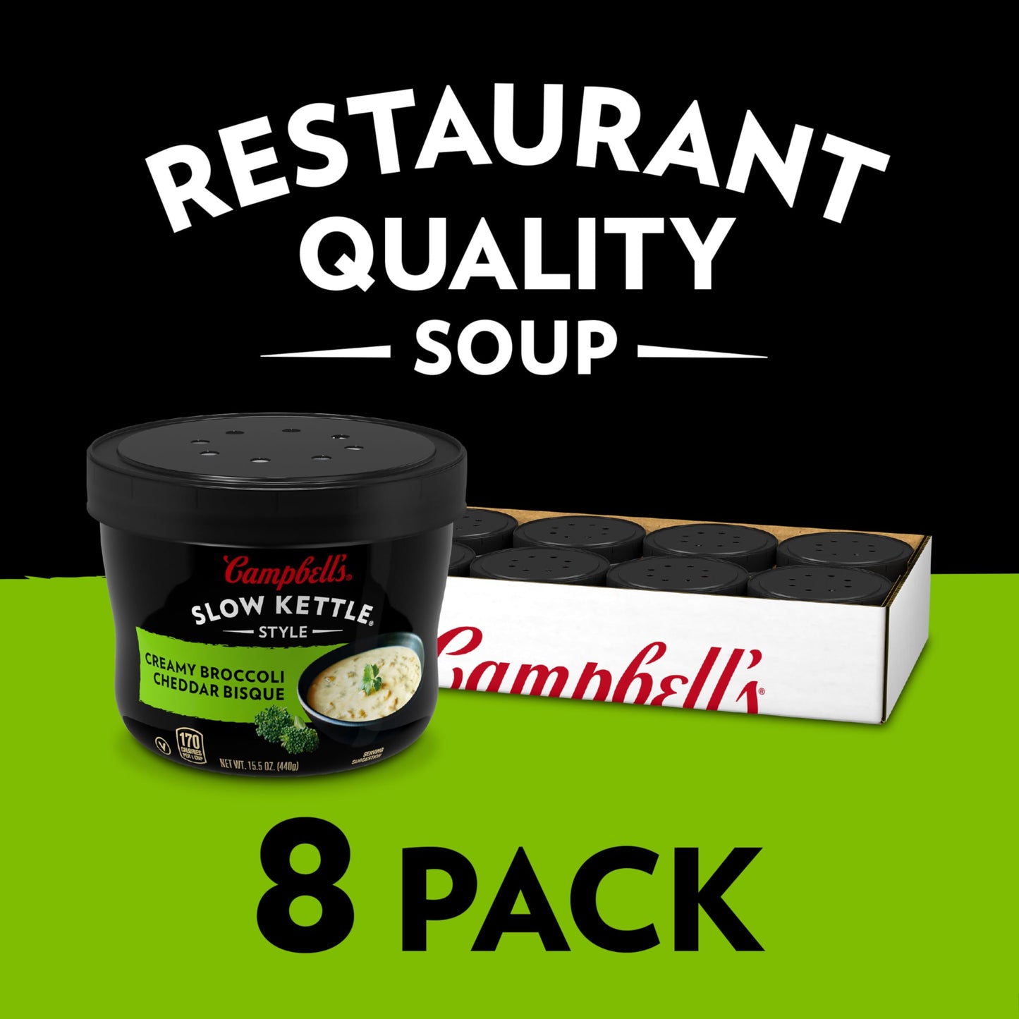 Campbell s Slow Kettle Style Creamy Broccoli Cheddar Bisque, 15.5 oz Microwavable Bowl (Case of 8)