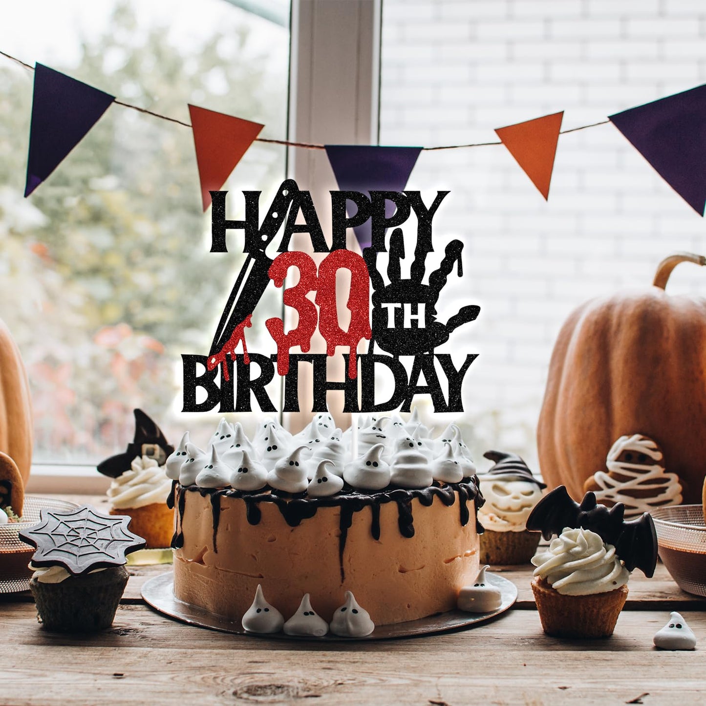 Black Glitter Killer Happy 30Th Birthday Cake Topper, Halloween Zombie Vampire Bloody Friday Birthday D Cor, Halloween Horror T