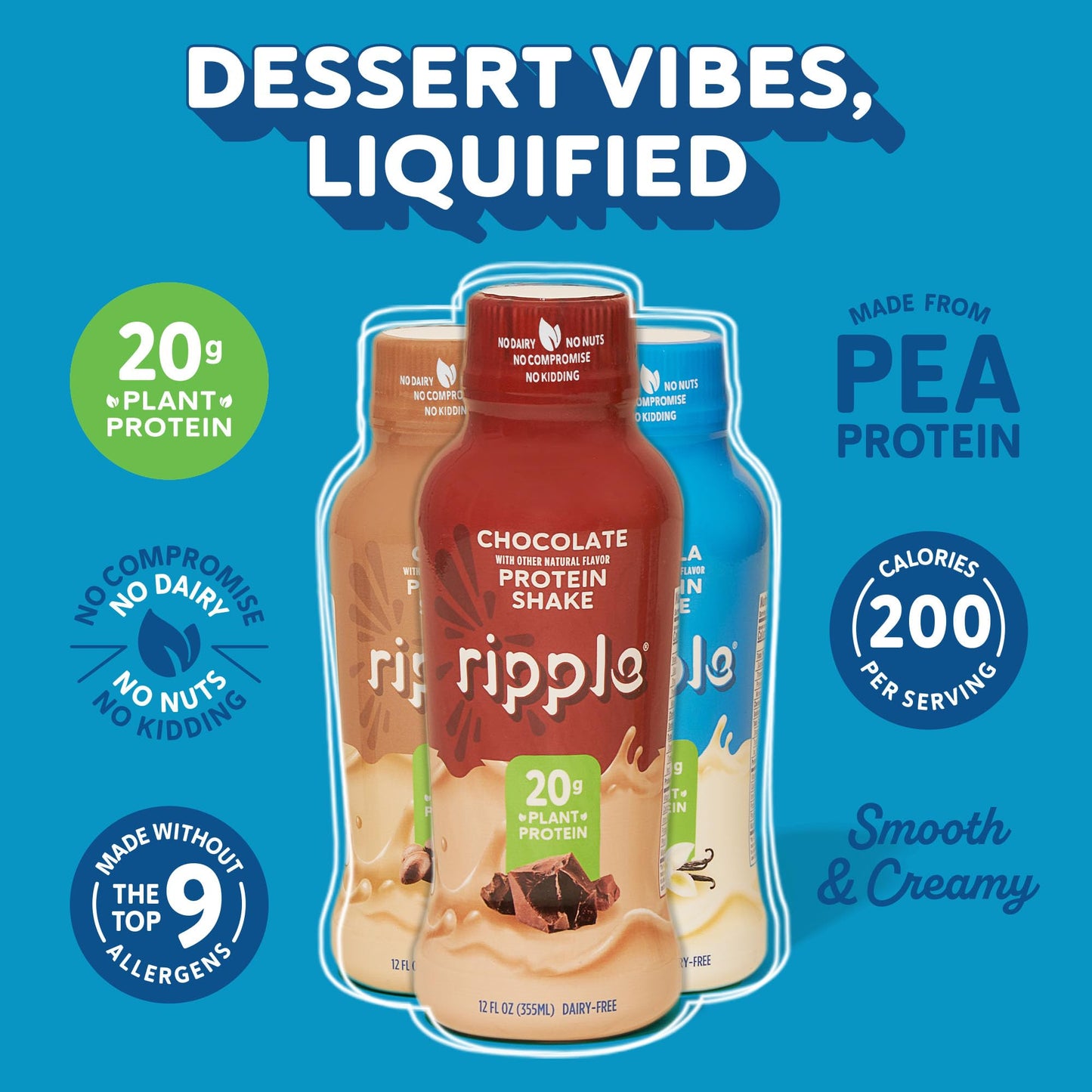 Ripple Plant Based Protein Shake Variety Pack | 20g of Quality Sourced Pea Protein, Calcium Rich | Shelf Stable | Vegan & Non GM