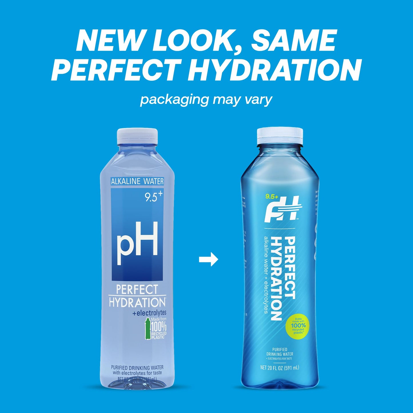 Perfect Hydration 9.5+ pH Alkaline Drinking Water 100% Recycled Bottles Electrolyte Minerals for Taste 24 pack - 20 oz