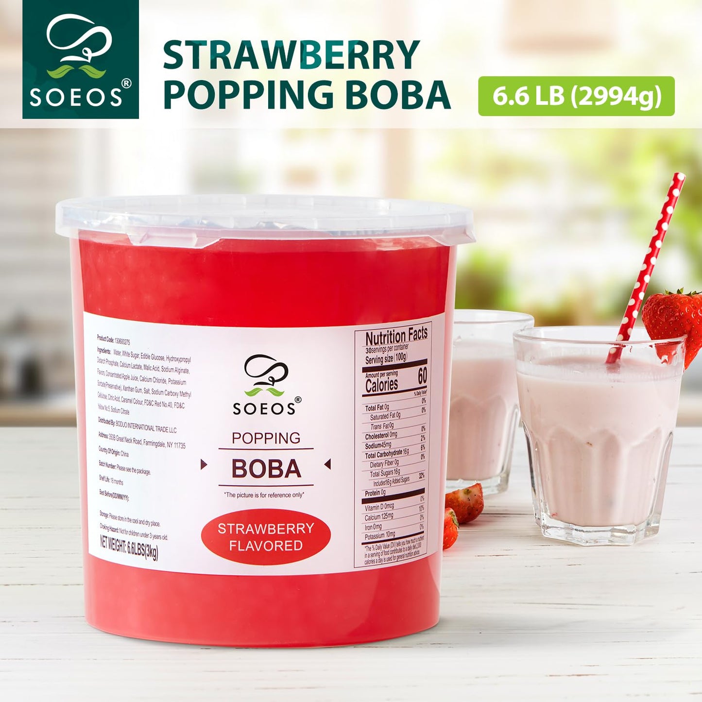 Soeos Strawberry Popping Boba Pearls 6.6 Pounds, Bursting Boba Pearls for Bubble Tea, Beverages, Shakes, Desserts, Smoothie and