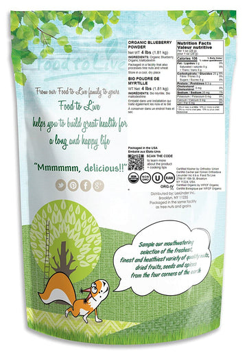 Food to Live Organic Blueberry Powder, 4 Pounds - Non-GMO, Unsulfured, Raw, Vegan, Bulk, Great for Juices, Smoothies, and Instan