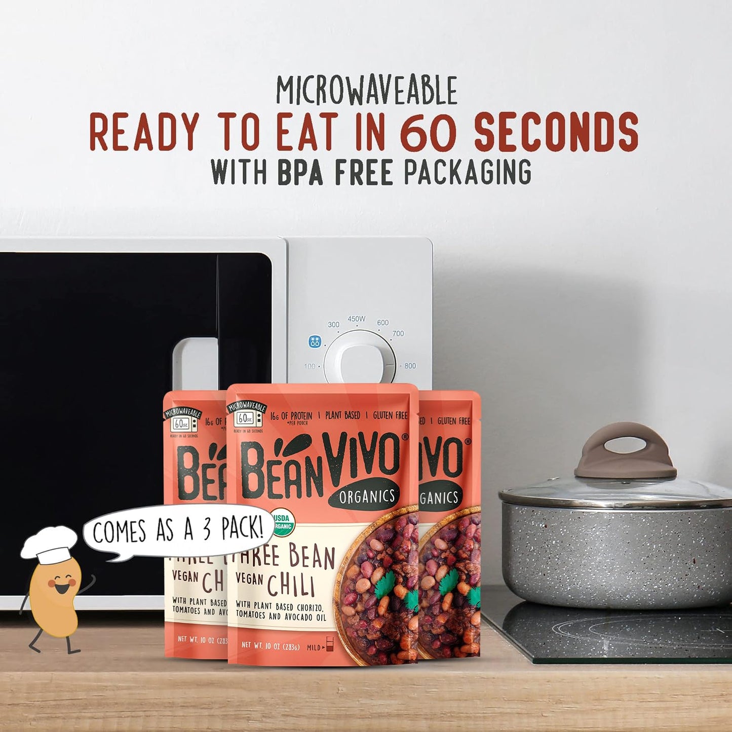 Beanvivo (Pack Of 3) Organics Plant Based Protein Three Bean Vegan Chili - Good Source Of Fiber - Nutritious & Microwave Meals -