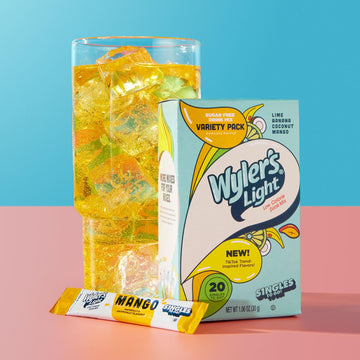 Wylers Light Singles to Go Powder Packets, Water Drink Mix, Variety Pack, 20 Count, Sugar & Caffeine Free, Lime, Banana, Coconut, Mango
