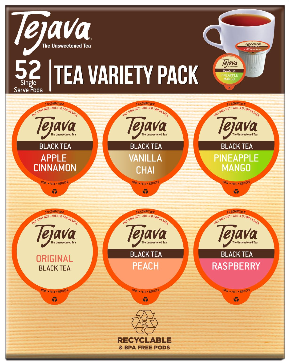 Tejava Tea Variety Pack, 52Ct. 6 All Natural Unsweetened Flavored Recyclable Single Serve Assorted Variety Pack Black Tea Pods,