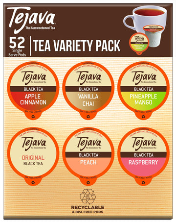 Tejava Tea Variety Pack, 52Ct. 6 All Natural Unsweetened Flavored Recyclable Single Serve Assorted Variety Pack Black Tea Pods,