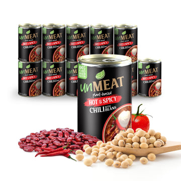 unMEAT Plant Based Meat | Easy to Prepare Plant Based Protein | Vegan Meat with Less Calories, Hot & Spicy Chili with Beans, 12