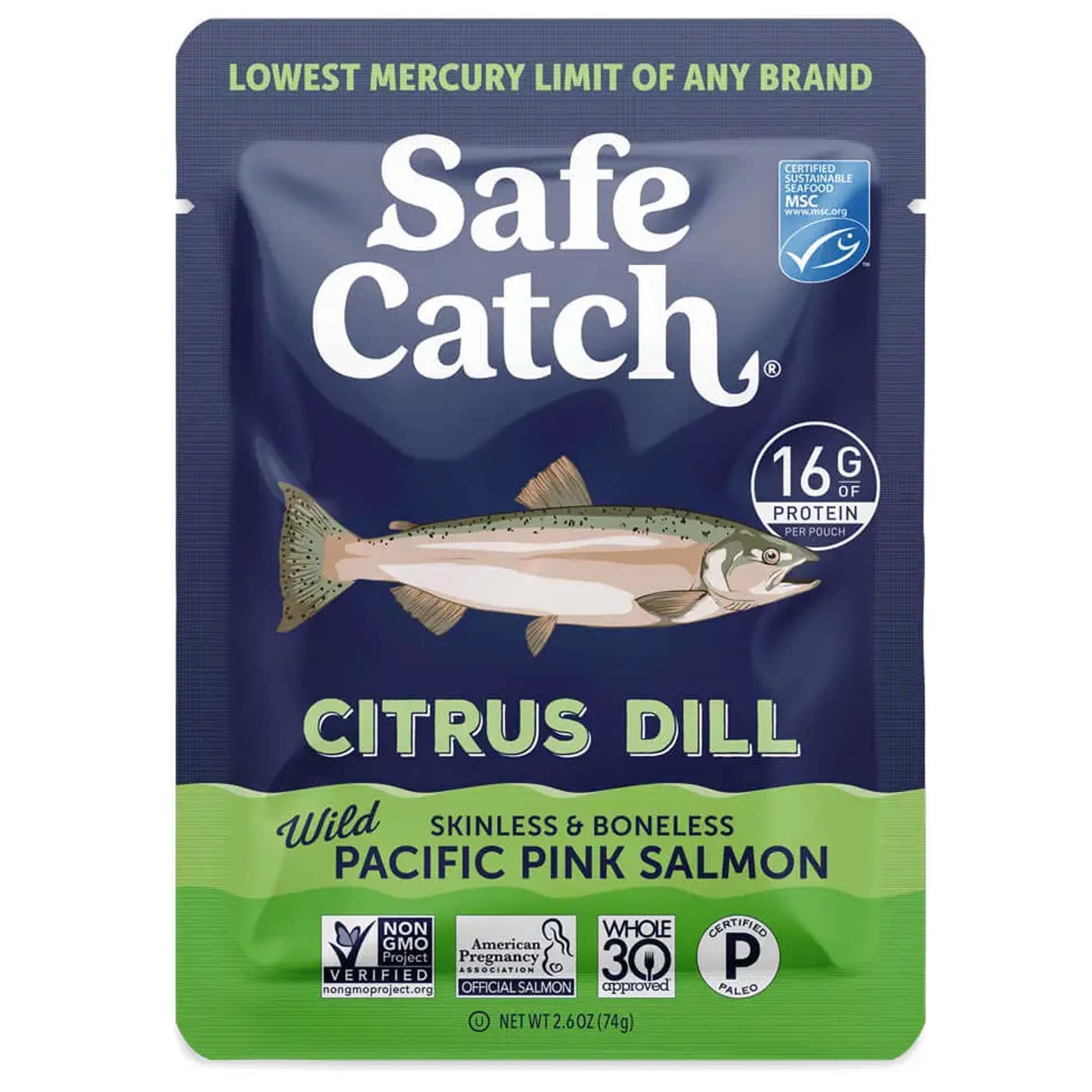 Safe Catch Skinless And Boneless Wild Pacific Pink Salmon Pouch, Citrus Dill Seasoned, Mercury Tested, Kosher, 2.6Oz Pouches, Pa