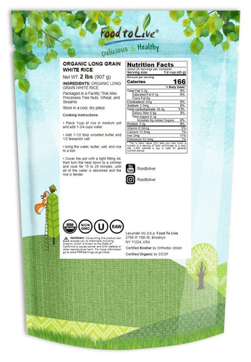 Food To Live Organic Long Grain White Rice, 2 Pounds - Non-Gmo, Vegan, Kosher. Easy To Cook. Stays Separate And Fluffy. Low In F