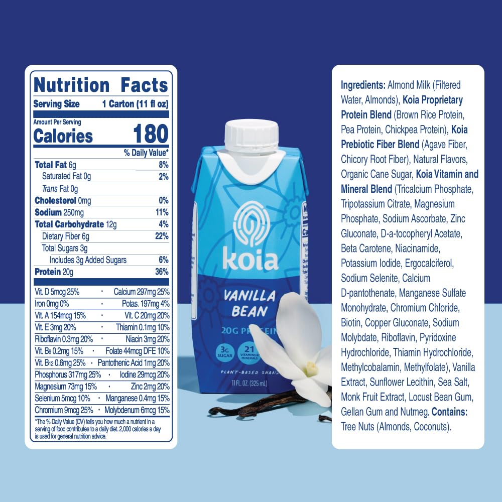 Koia Plant Based Protein Shake - Vanilla Bean - 20g Protein, 3g Sugar, 11 Fl Oz, Pack of 12 - Dairy Free, Non GMO, Meal Replacement