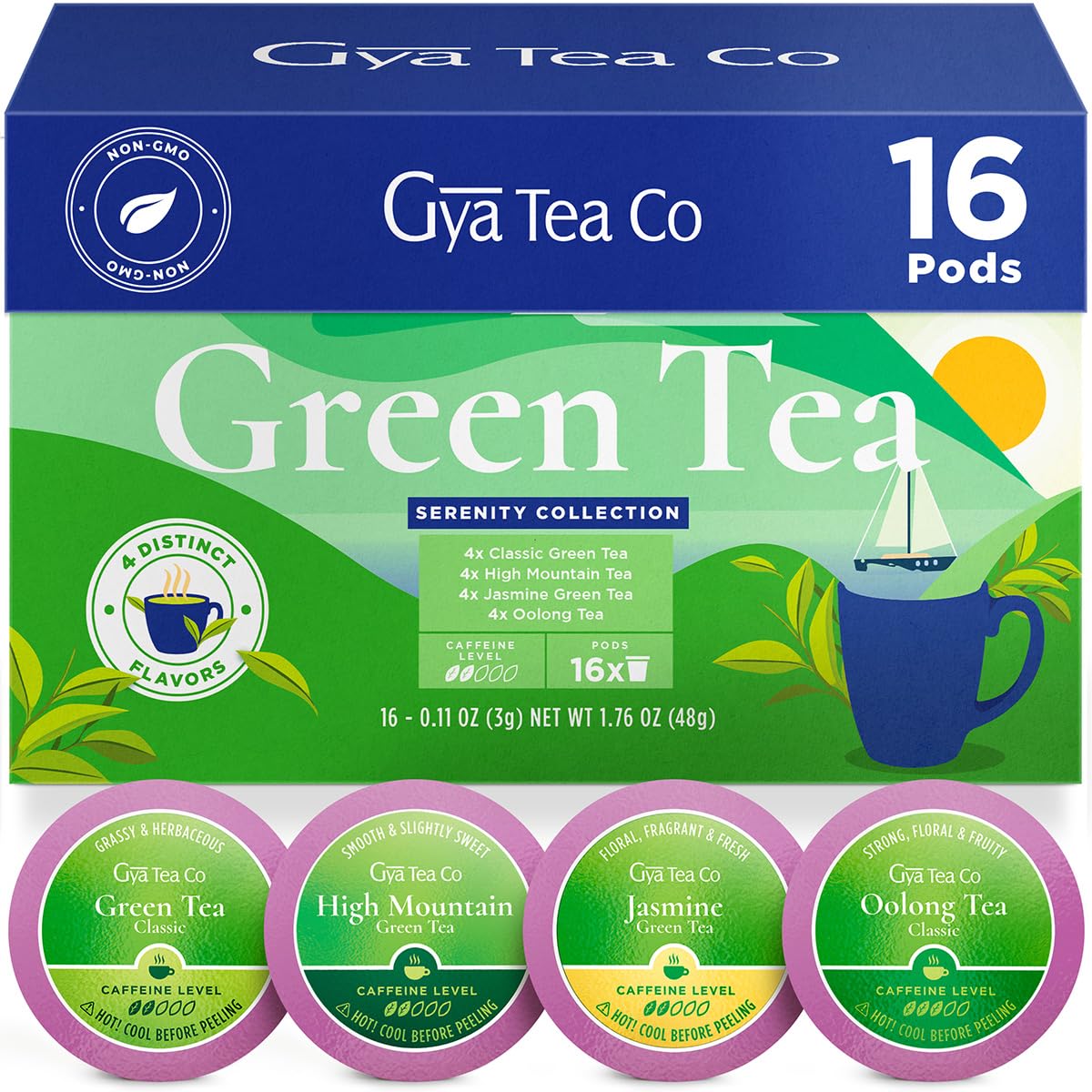 Gya Tea Co Green Tea Gift Set (16 ct) - Assorted Tea Pod Variety Pack with High Mountain, Jasmine, Oolong & Green 4 Flavors for