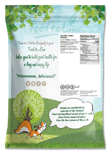 Food To Live California Jumbo Golden Raisins, 8 Pounds - Seedless, Sun-Dried, No Added Oil, No Added Sugar, Kosher, Vegan, Raw,