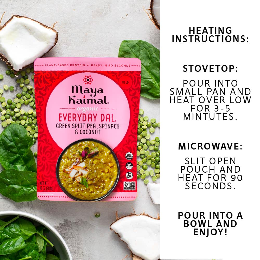 Maya Kaimal Organic Indian Green Split Pea Everyday Dal, Fully Cooked With Spinach And Coconut. Vegan, Microwavable, Ready To Ea