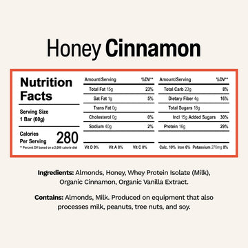 Rise Whey Protein Bars - Honey Cinnamon | Breakfast Bar & Protein Snack 18g Protein 4g Fiber Just 5 Whole Food Ingredients Glute