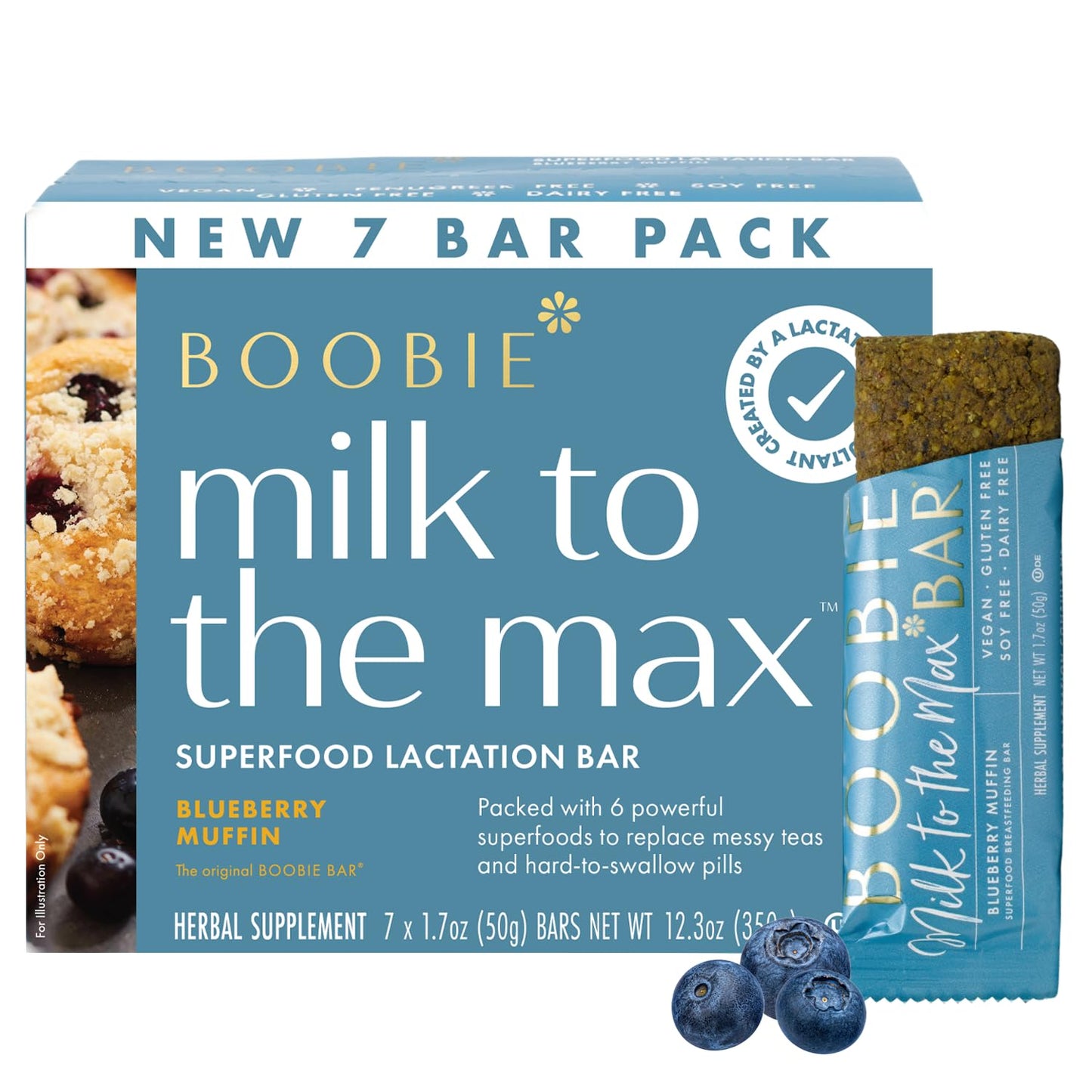 Boobie Bar Superfood Blueberry Muffin Lactation Bar For Breastfeeding Moms To Increase Milk Supply | #1 Selling Lactation Snack Bars | Vegan Fenugreek-Free Gluten-Free Dairy-Free (7 Bars)
