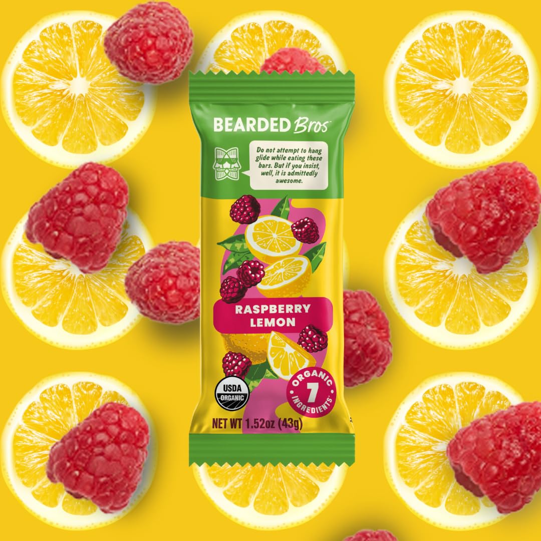 Bearded Brothers Vegan Organic Food Bar - Raspberry Lemon, 12 Pack, Gluten Free, Paleo, Non GMO, Soy Free, Low Glycemic, No Suga