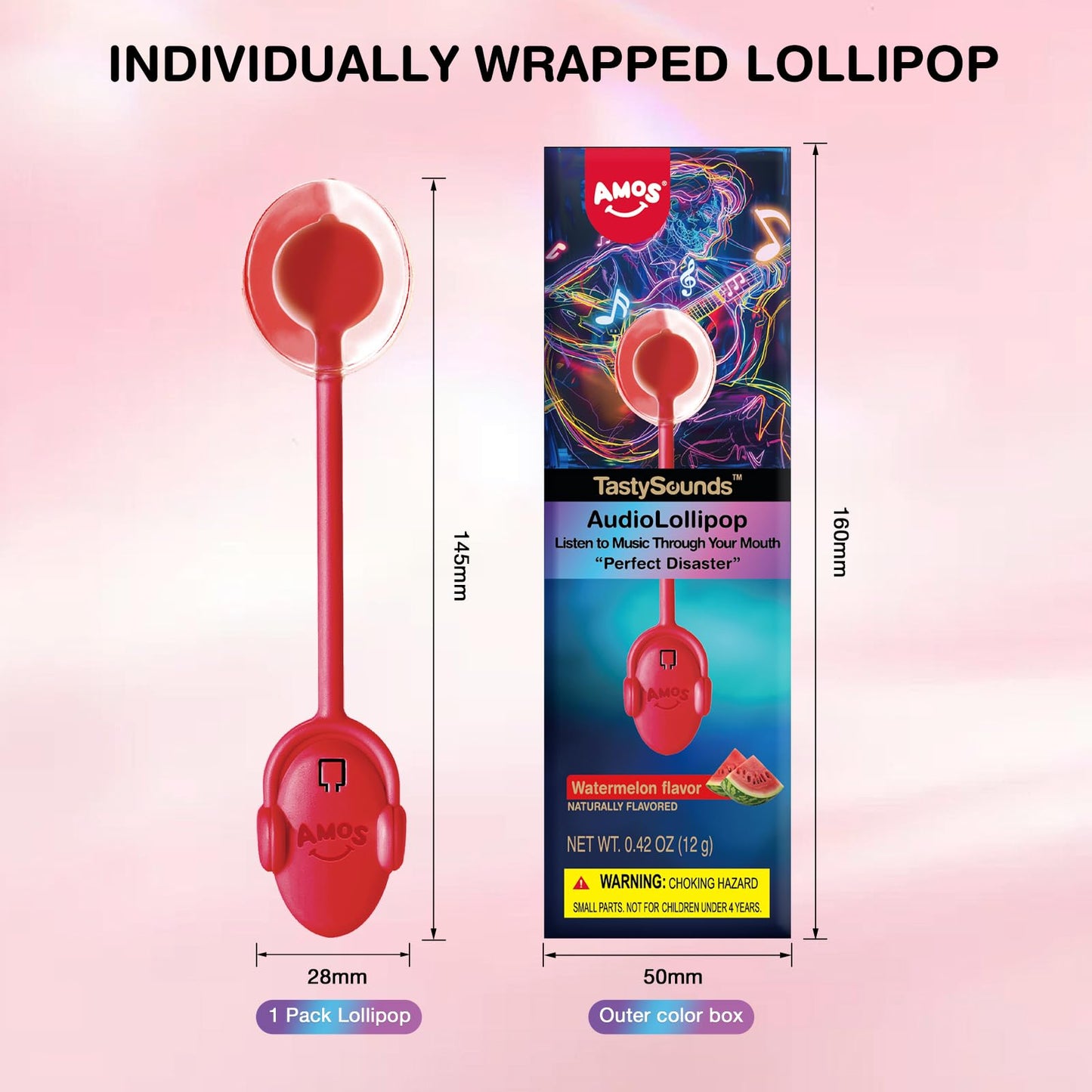 Amos Lollipop Candy - Audio Singing Watermelon Flavor, Individually Wrapped, Unique Valentines Gift (1 Pack)