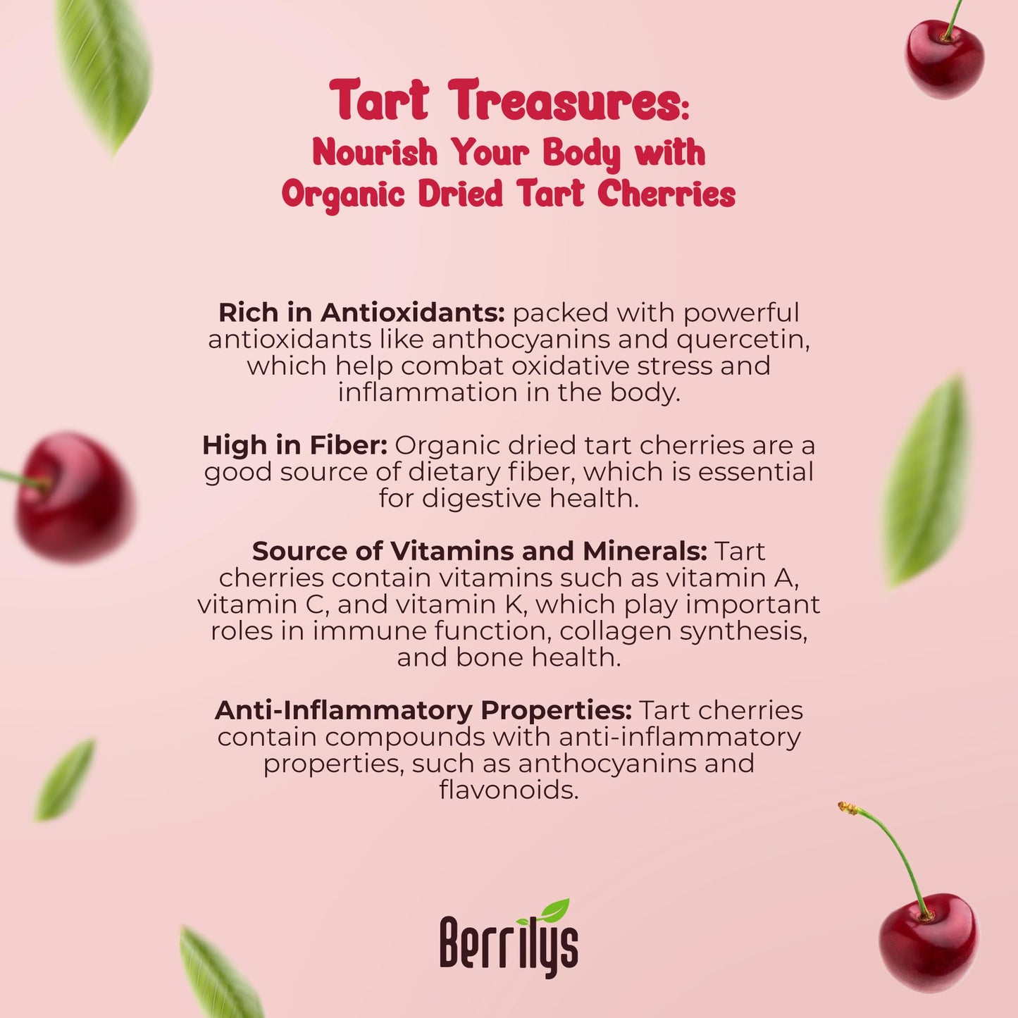 Berrilys Natural Dried Tart Cherries, 5 lb, No Sweet Added, Non-GMO, Plant-based, Ideal and Great for Baking, Snacking, Salads &